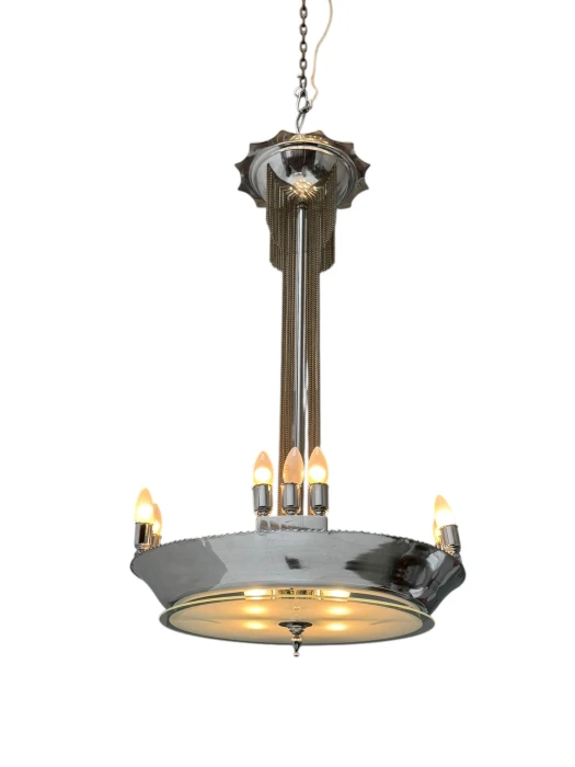 Art Deco Chandelier, Chrome & Glass, Dutch Design, 1930s
